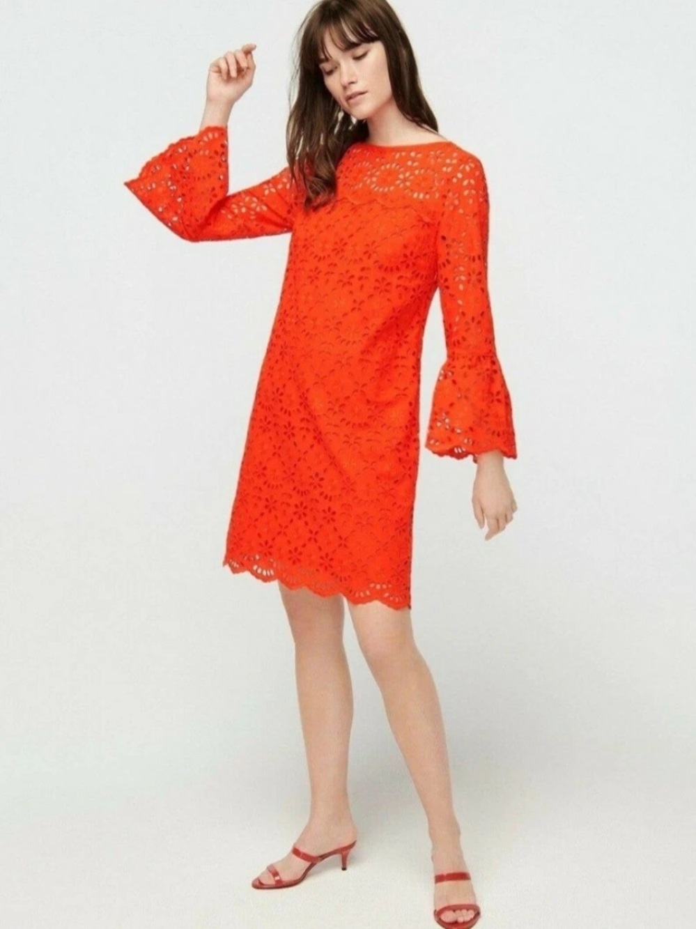 J Crew Women’s Orange Eyelet Lace Shift Dress Scalloped Hem Size 4 Like New